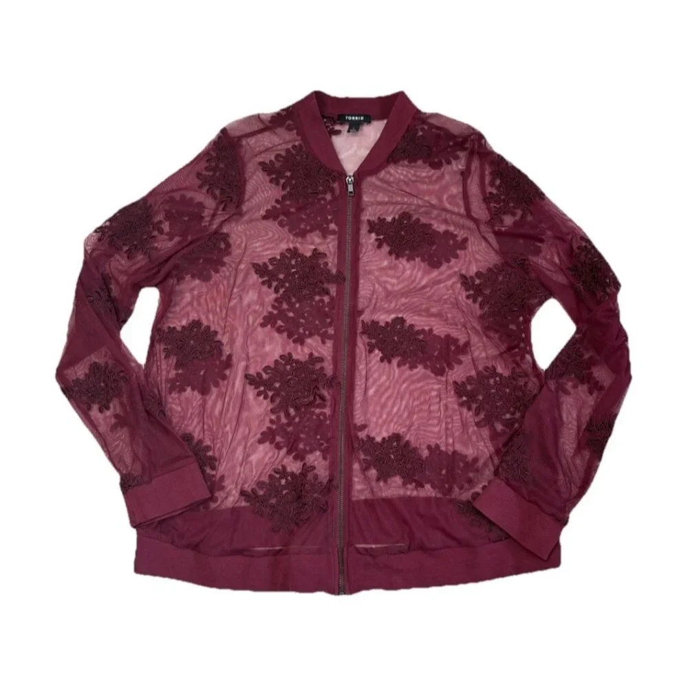 *Torrid Sheer Floral Zip Up Jacket Womens Size 1 Burgundy Long Slv Romantic Top